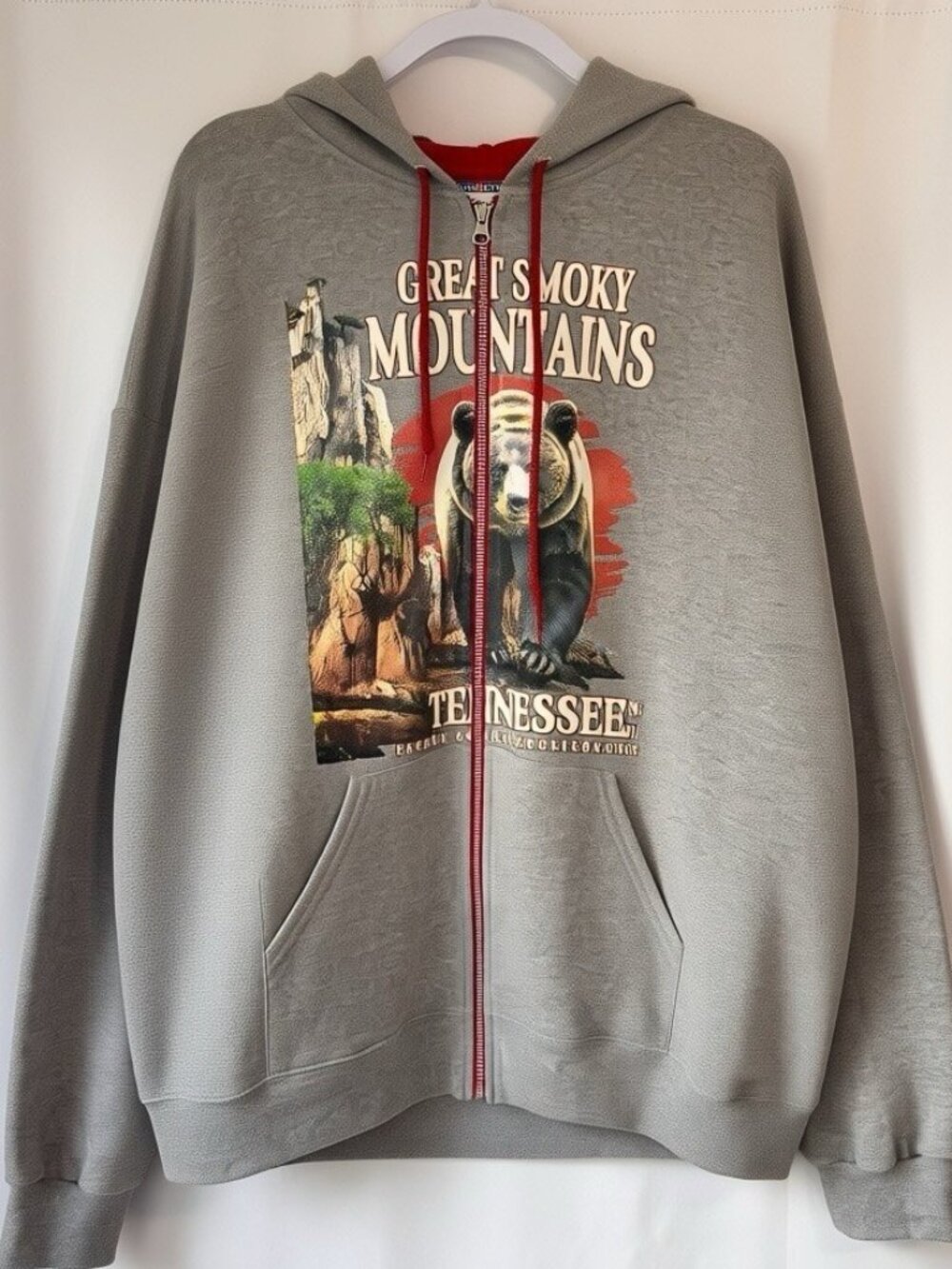Vtg Great Smoky Mountains Tennesse Full Zip Hoodie Mens 2XL Gray Gatlinburg Y2K